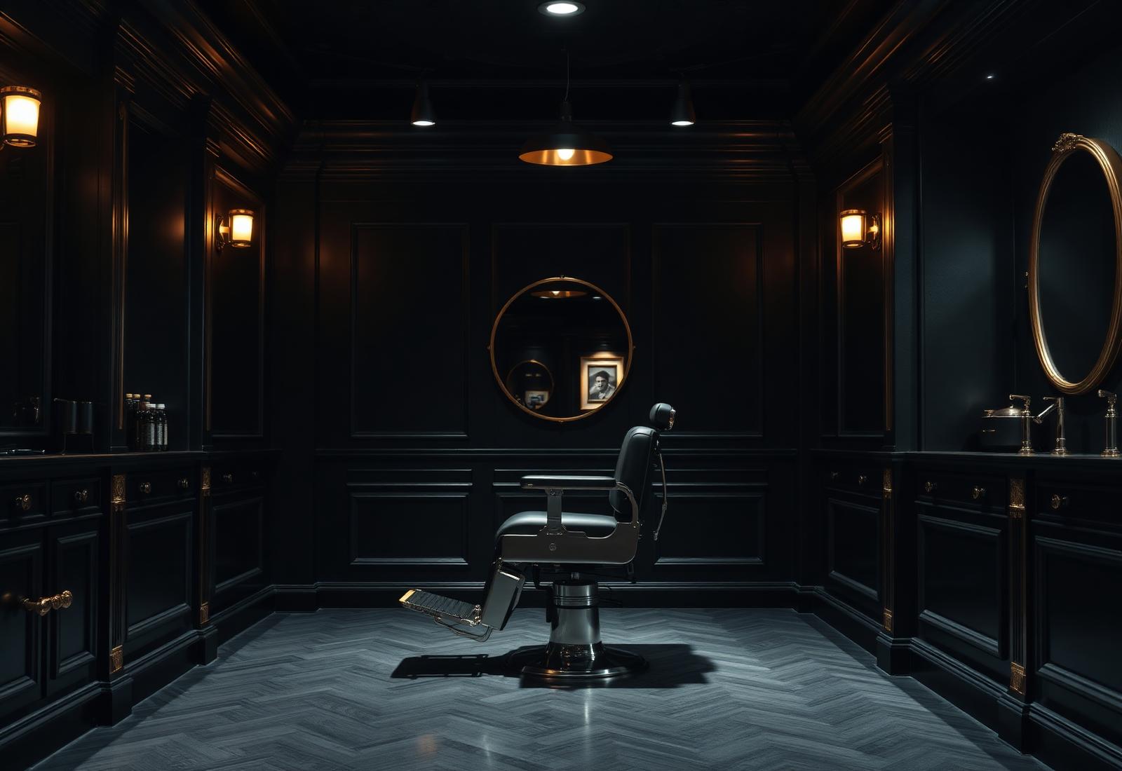 Interior de KTR Barber Shop iluminado con luz cálida